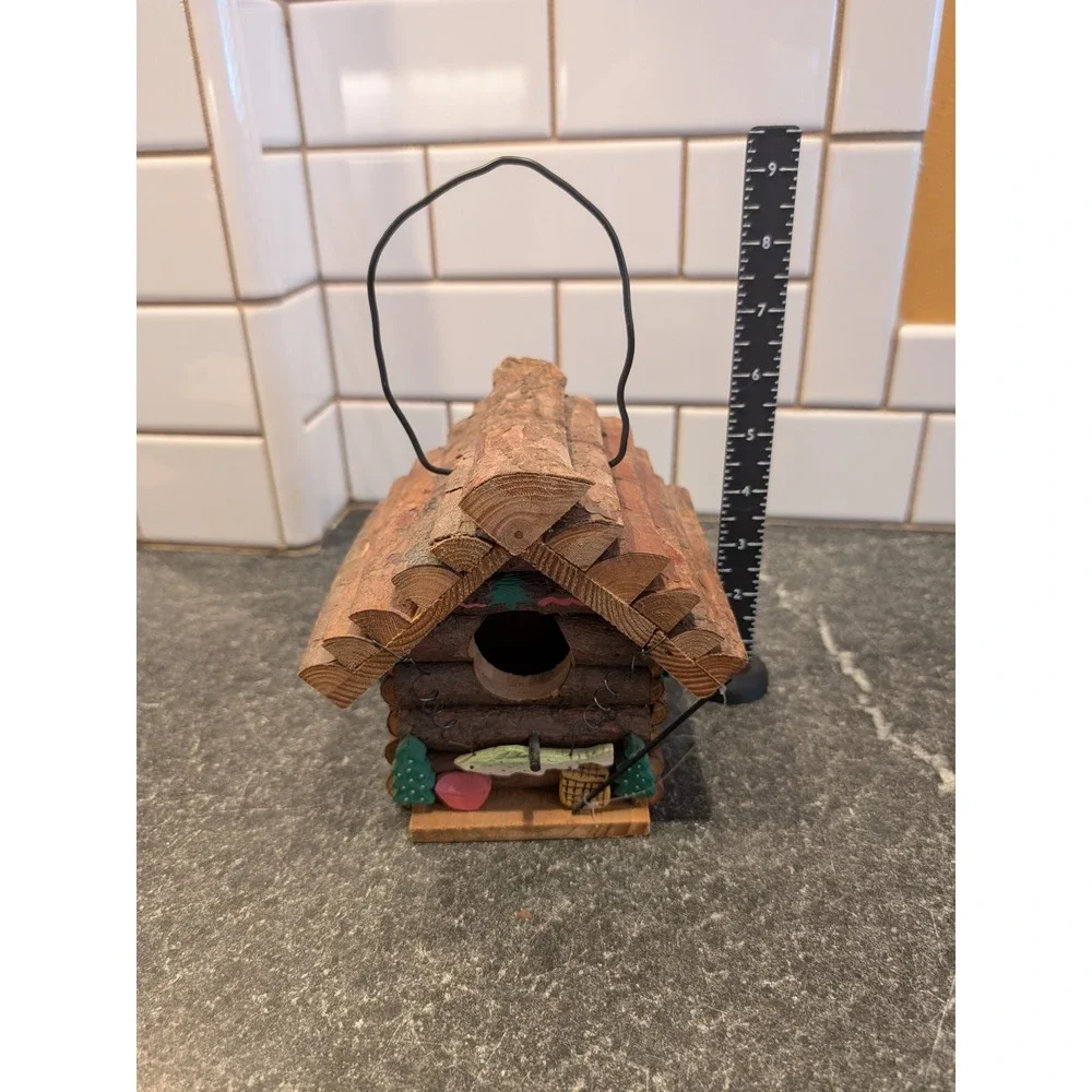 Handmade Rustic Log Cabin Birdhouse Wood Fishing Lodge Decor with Wire‎ Hanger